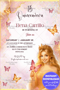 Enchanted Dreams Quinceañera Invitation with Princess Illustration Golden Crown & Butterflies