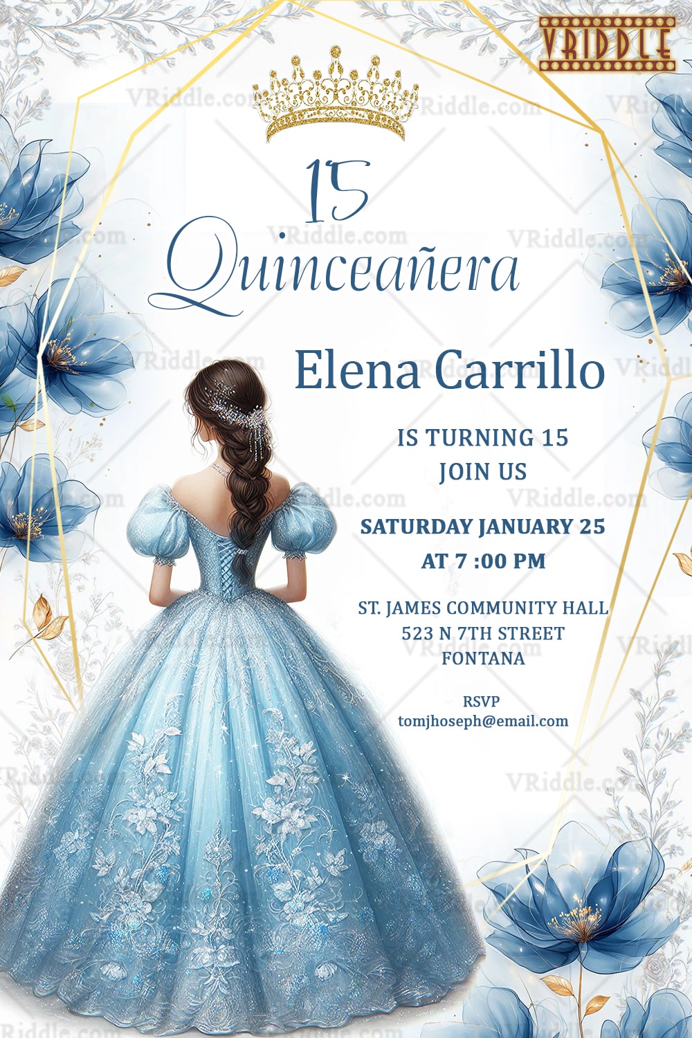 Eternal Charm Quinceañera Invitation with Elegant Blue Ball Gown Girl Illustration Floral Accents & Regal Crown