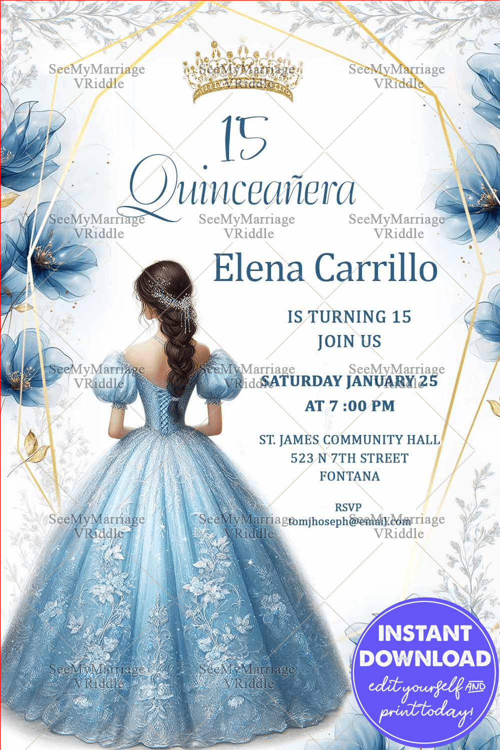 Eternal Charm Quinceañera Invitation with Elegant Blue Ball Gown Girl Illustration Floral Accents & Regal Crown