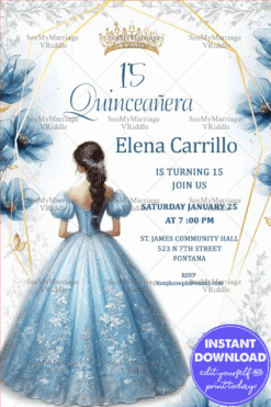 Eternal Charm Quinceañera Invitation with Elegant Blue Ball Gown Girl Illustration Floral Accents & Regal Crown