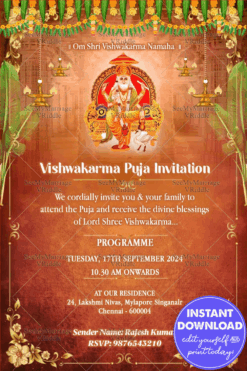 Festive Charm Vishwakarma Puja Invitation with Lord Shree Vishwakarma Illustration, Marigold Garlands Motifs & Golden Ornamental Border