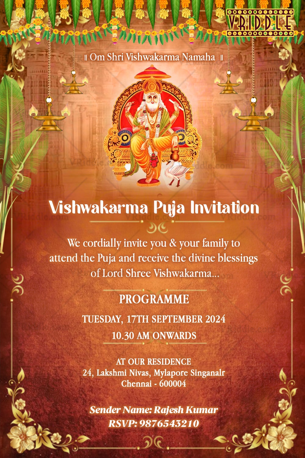 Festive Charm Vishwakarma Puja Invitation with Lord Shree Vishwakarma Illustration, Marigold Garlands Motifs & Golden Ornamental Border