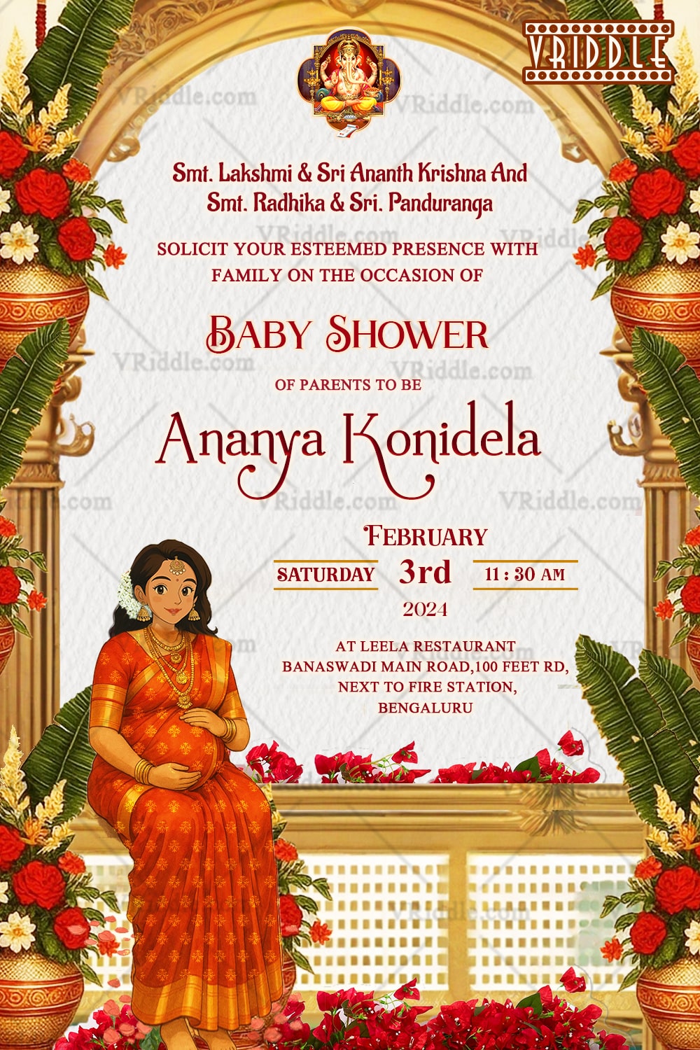 Ghibl Style South Indian Baby Shower Invitation with Traditional Arch, Floral Decor & Illustrated Mother-to-Be