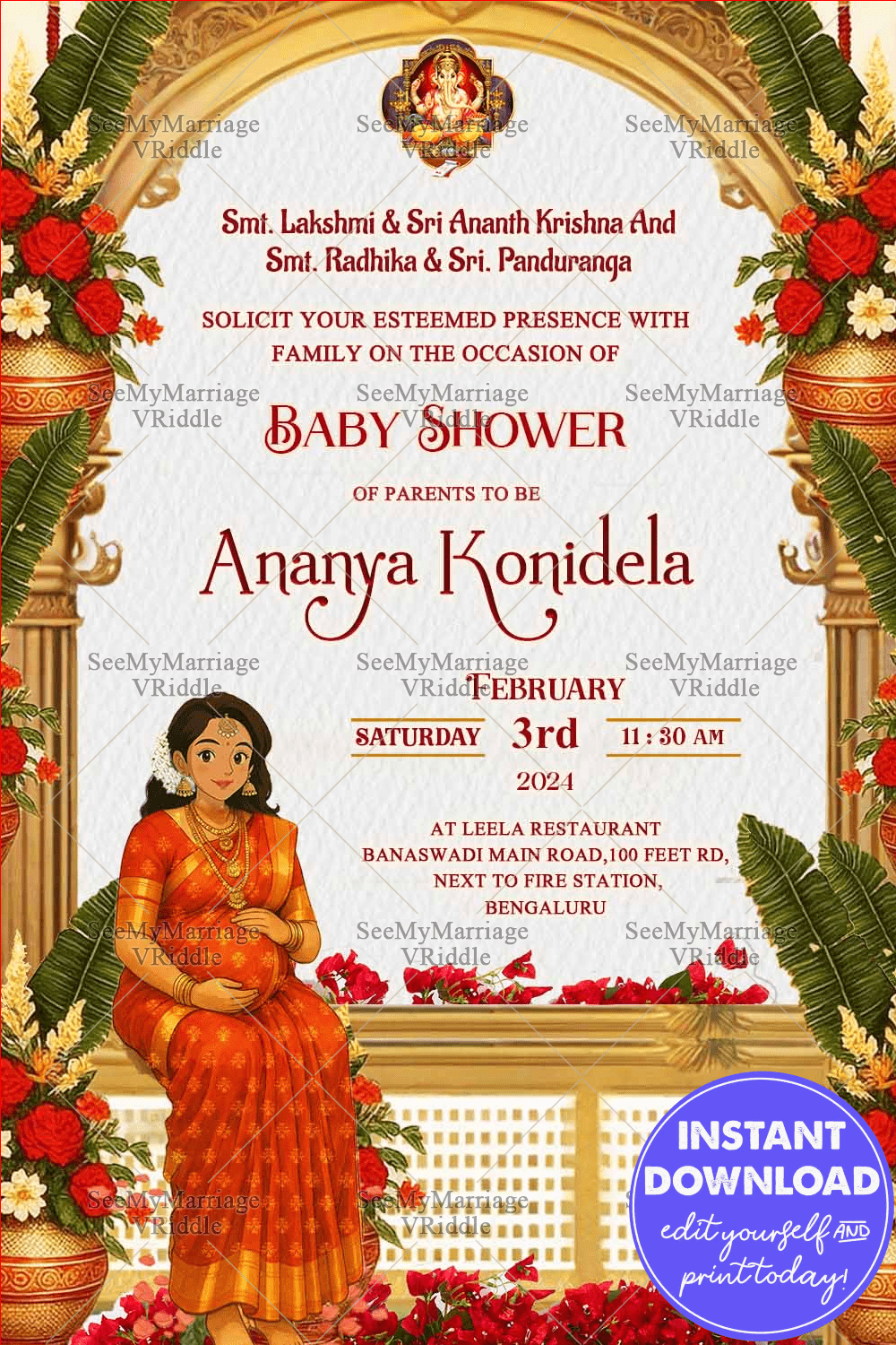 Ghibl Style South Indian Baby Shower Invitation with Traditional Arch, Floral Decor & Illustrated Mother-to-Be
