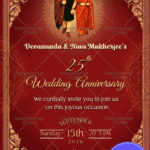Ghibli-Style 25th Wedding Anniversary Invitation with Regal Maroon & Golden Ornamental Border and Festive Detailing