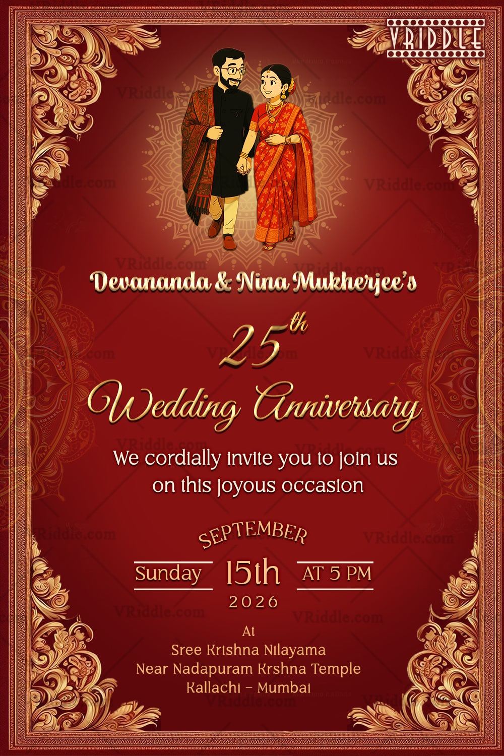 Ghibli-Style 25th Wedding Anniversary Invitation with Regal Maroon & Golden Ornamental Border and Festive Detailing