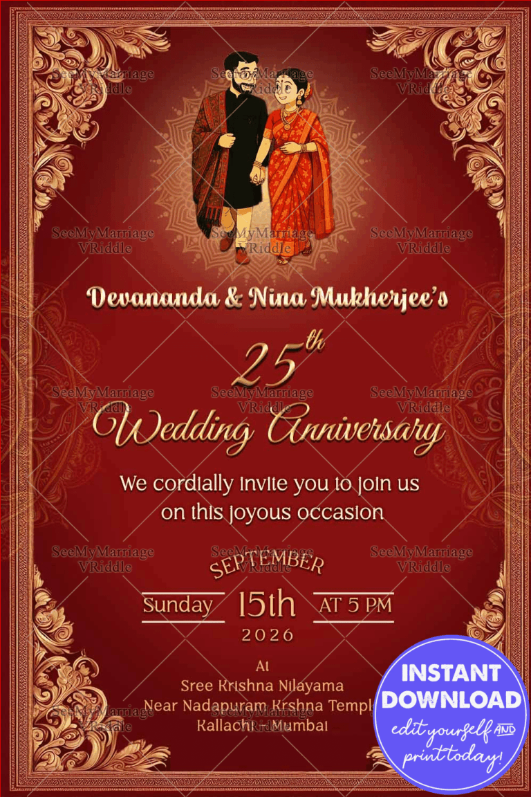 Ghibli-Style 25th Wedding Anniversary Invitation with Regal Maroon & Golden Ornamental Border and Festive Detailing