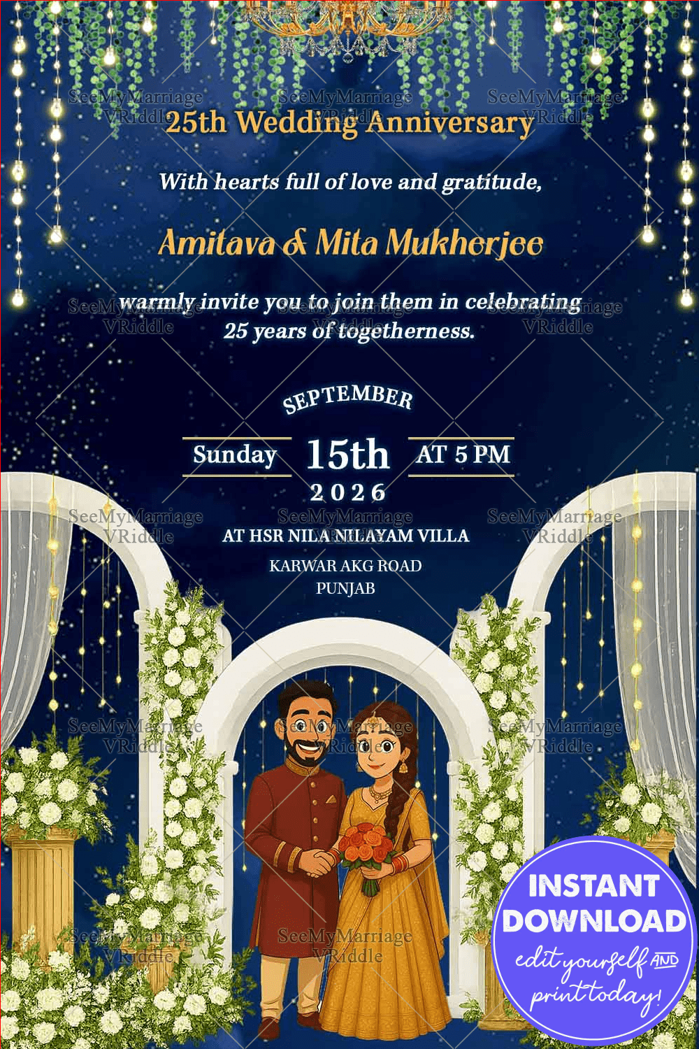 Ghibli Style 25th Wedding Anniversary Invitation with Starry Night Backdrop, Floral Elegance and Regal Chandelier