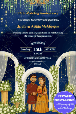 Ghibli Style 25th Wedding Anniversary Invitation with Starry Night Backdrop, Floral Elegance and Regal Chandelier