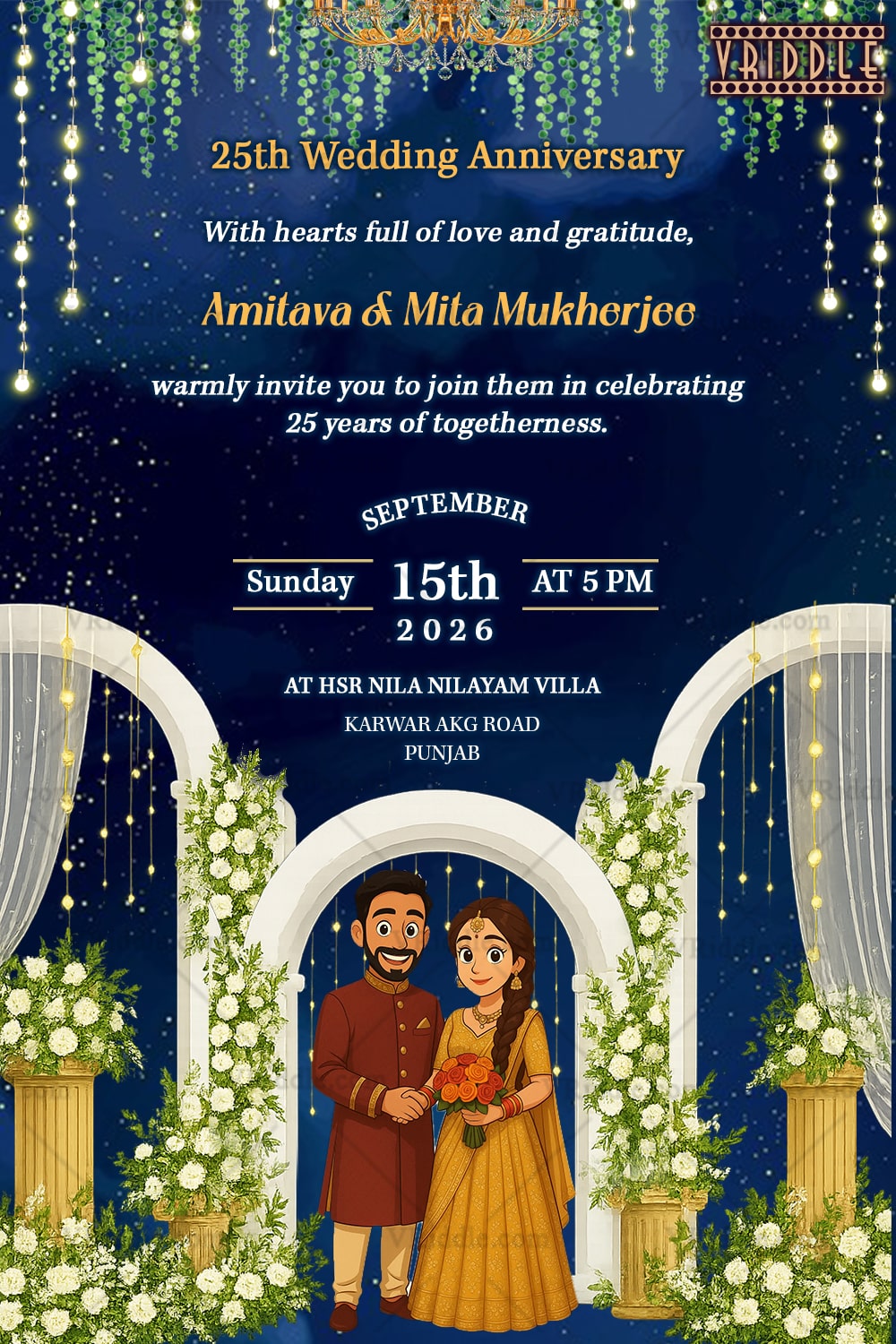 Ghibli Style 25th Wedding Anniversary Invitation with Starry Night Backdrop, Floral Elegance and Regal Chandelier