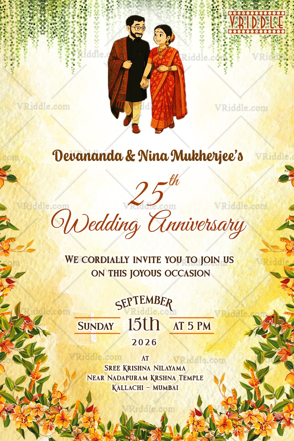 Ghibli-Style Couple 25th Wedding Anniversary Invitation with Floral Cascade in Warm Yellow & Green Theme.