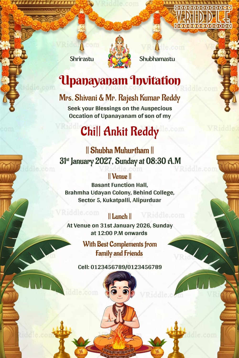 Ghibli Theme Upanayanam Invitation Card with Havan Illustration and Festive Decor