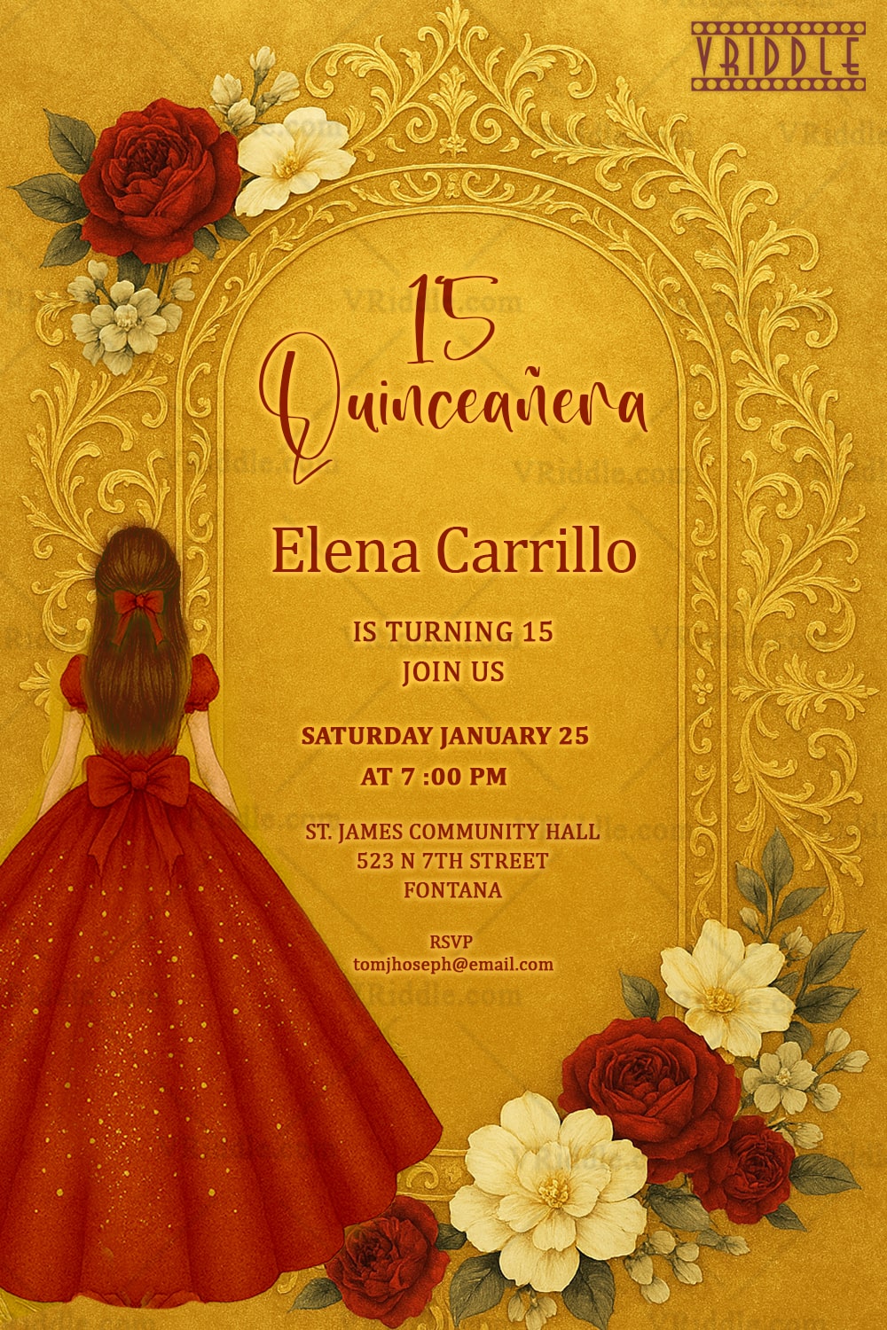 Gold Detailing Quinceañera Invitation with Classic Floral Beauty & Elegant Red Gown Girl Illustration