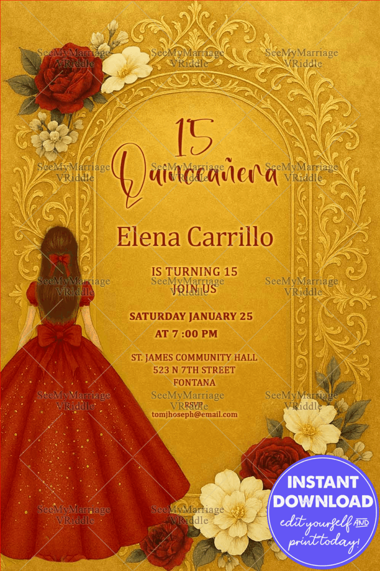 Gold Detailing Quinceañera Invitation with Classic Floral Beauty & Elegant Red Gown Girl Illustration