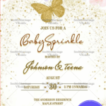 Golden Butterfly Baby Sprinkle Invitation with Floral Accents and Elegant Typography on Glitter and Pastel BG