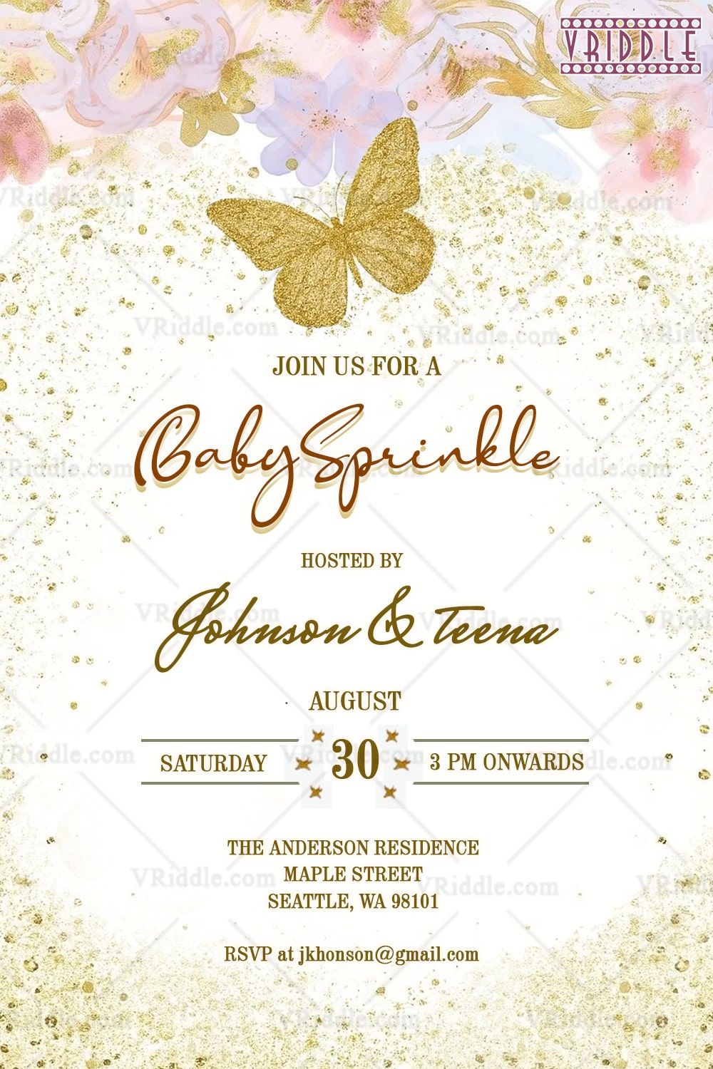 Golden Butterfly Baby Sprinkle Invitation with Floral Accents and Elegant Typography on Glitter and Pastel BG