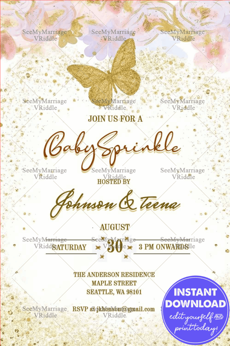 Golden Butterfly Baby Sprinkle Invitation with Floral  Accents and Elegant Typography on Glitter and Pastel BG