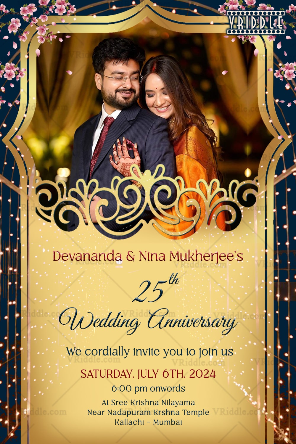 Golden Glow 25th Wedding Anniversary Invitation with Add Photo Option, Romantic Floral Accents and Festive Touch