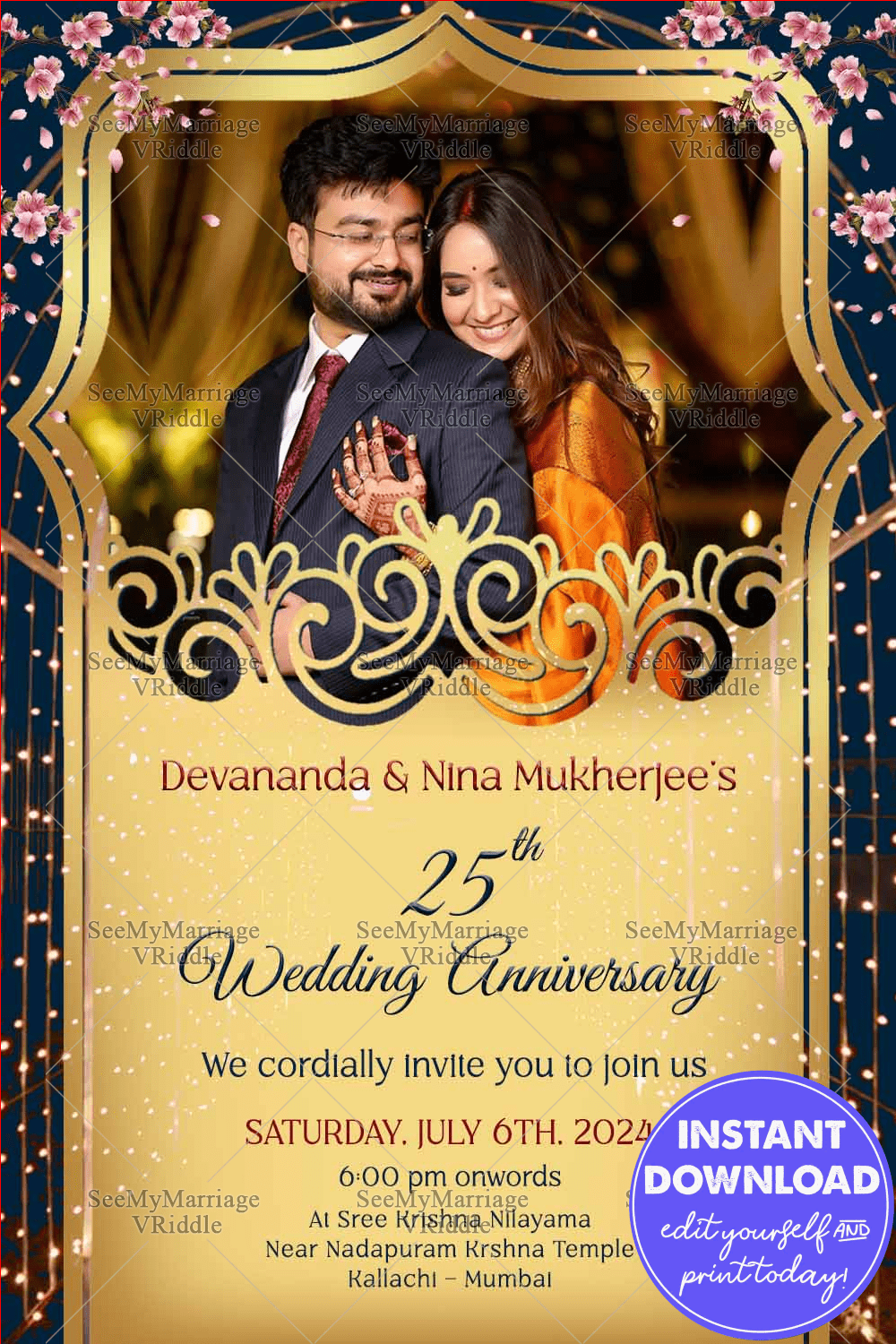 Golden Glow 25th Wedding Anniversary Invitation with Add Photo Option, Romantic Floral Accents and Festive Touch