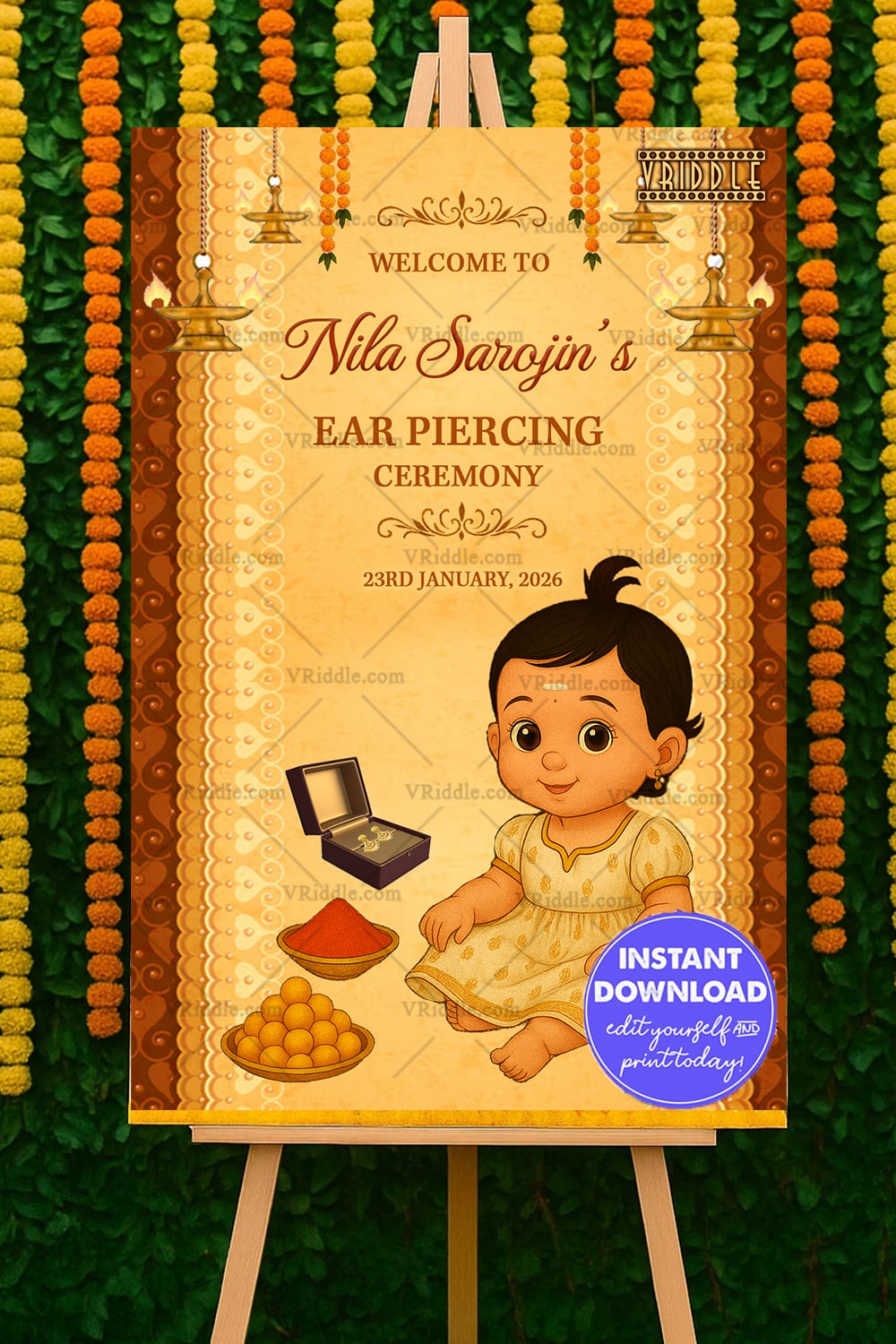 Golden Glow Ear Piercing Ceremony Welcome Card with Baby Illustration, Temple Lamps, and Marigold Garlands on Cream Background