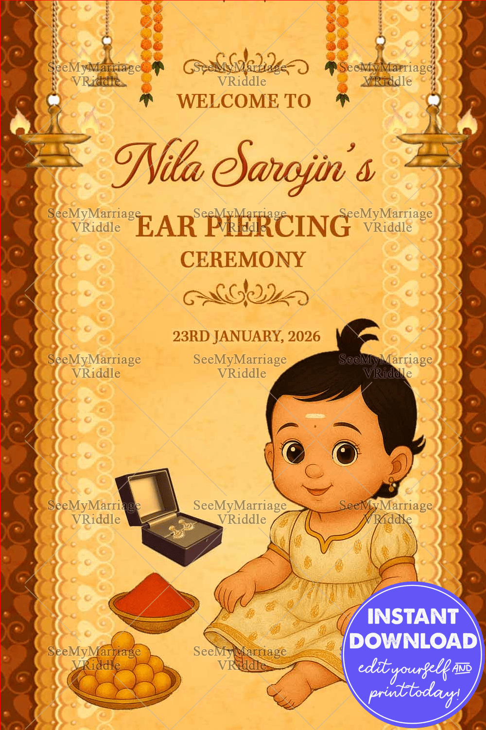 Golden Glow Ear Piercing Ceremony Welcome Card with Baby Illustration, Temple Lamps, and Marigold Garlands on Cream Background