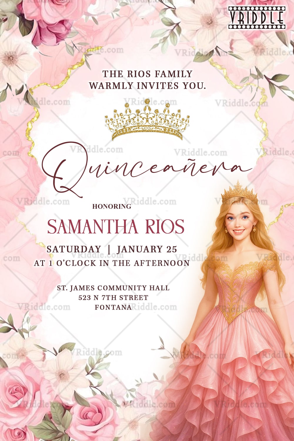 Graceful Bloom Quinceañera Invitation with Princess Gown Illustration, Golden Crown & Pink Floral Elegance