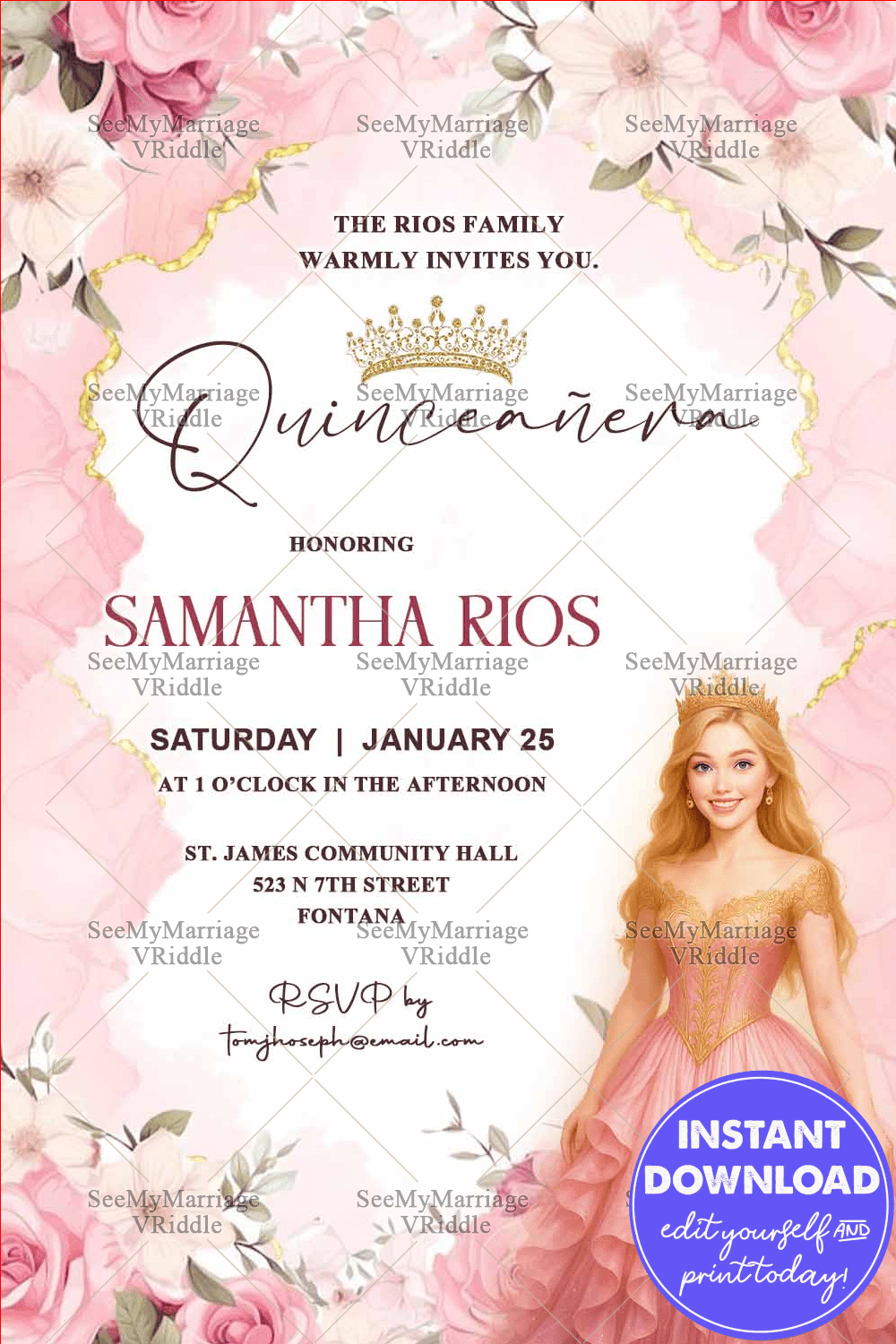 Graceful Bloom Quinceañera Invitation with Princess Gown Illustration, Golden Crown & Pink Floral Elegance