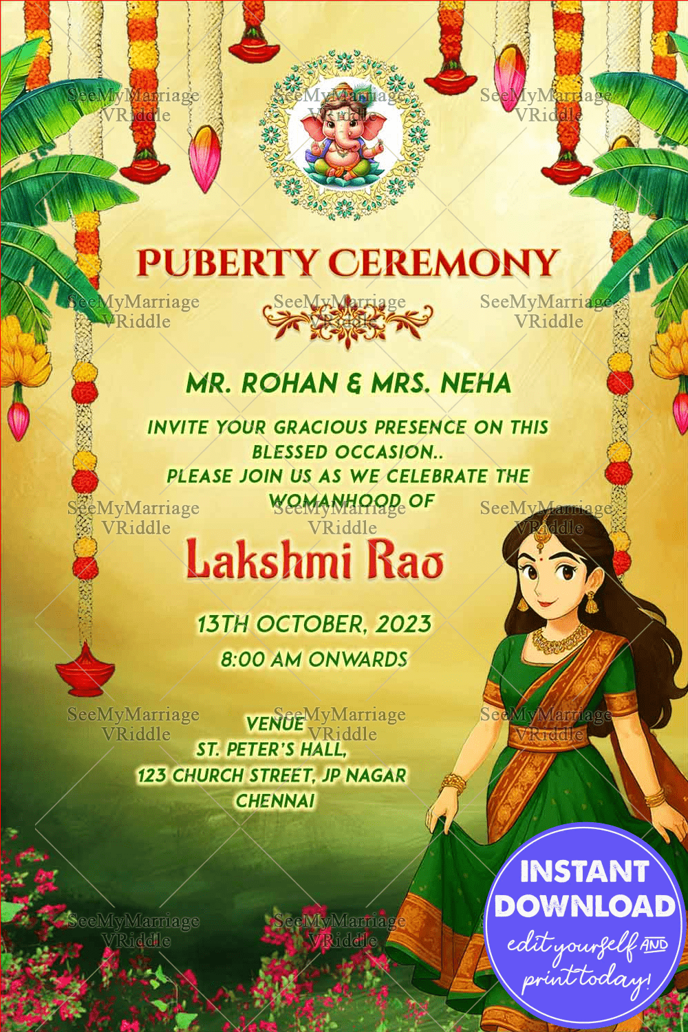 Graceful Ghibli Girl Puberty Ceremony Invitation with Cultural Elegance, Lush Floral Accents and Festive Charm