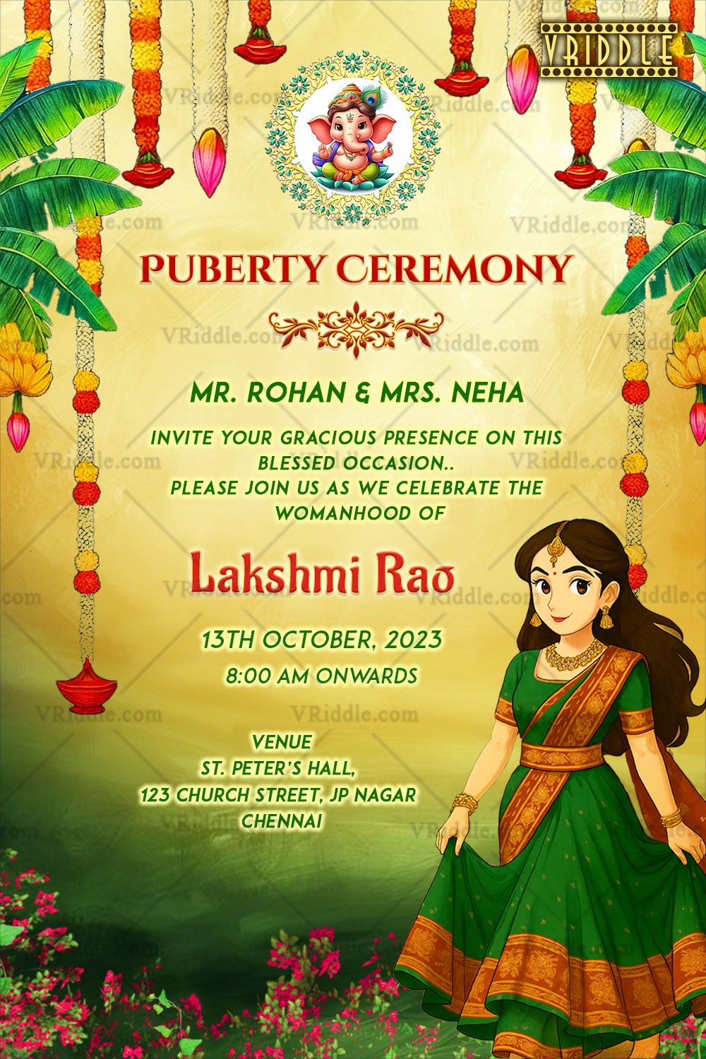 Graceful Ghibli Girl Puberty Ceremony Invitation with Cultural Elegance, Lush Floral Accents and Festive Charm