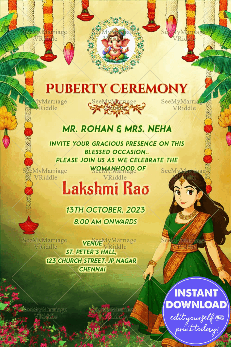 Graceful Ghibli Girl Puberty Ceremony Invitation with Cultural Elegance, Lush Floral Accents and Festive Charm