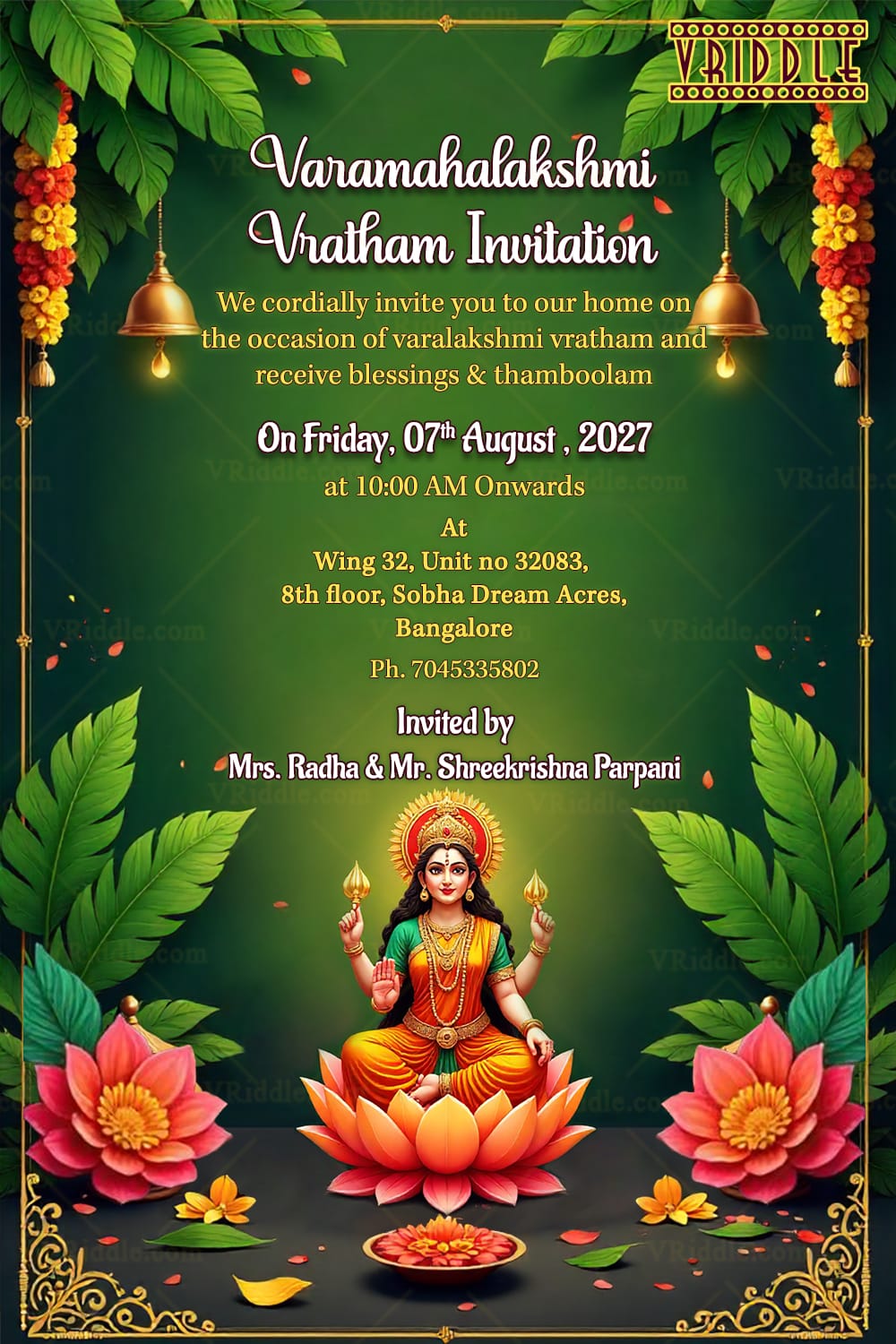 Green Theme Varamahalakshmi Vratham Invitation Card with Goddess Illustration, Lotus Design and Floral Decor