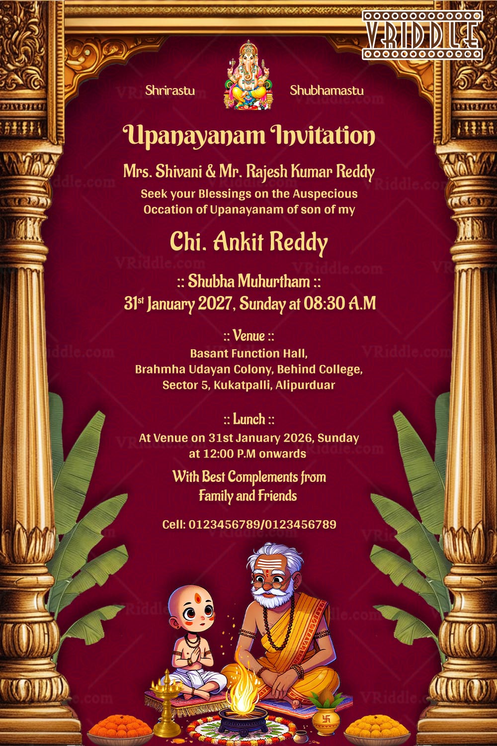 Guru Boy Ghibli Upanayanam Invitation Card with Ornate Pillars and Havan Scene