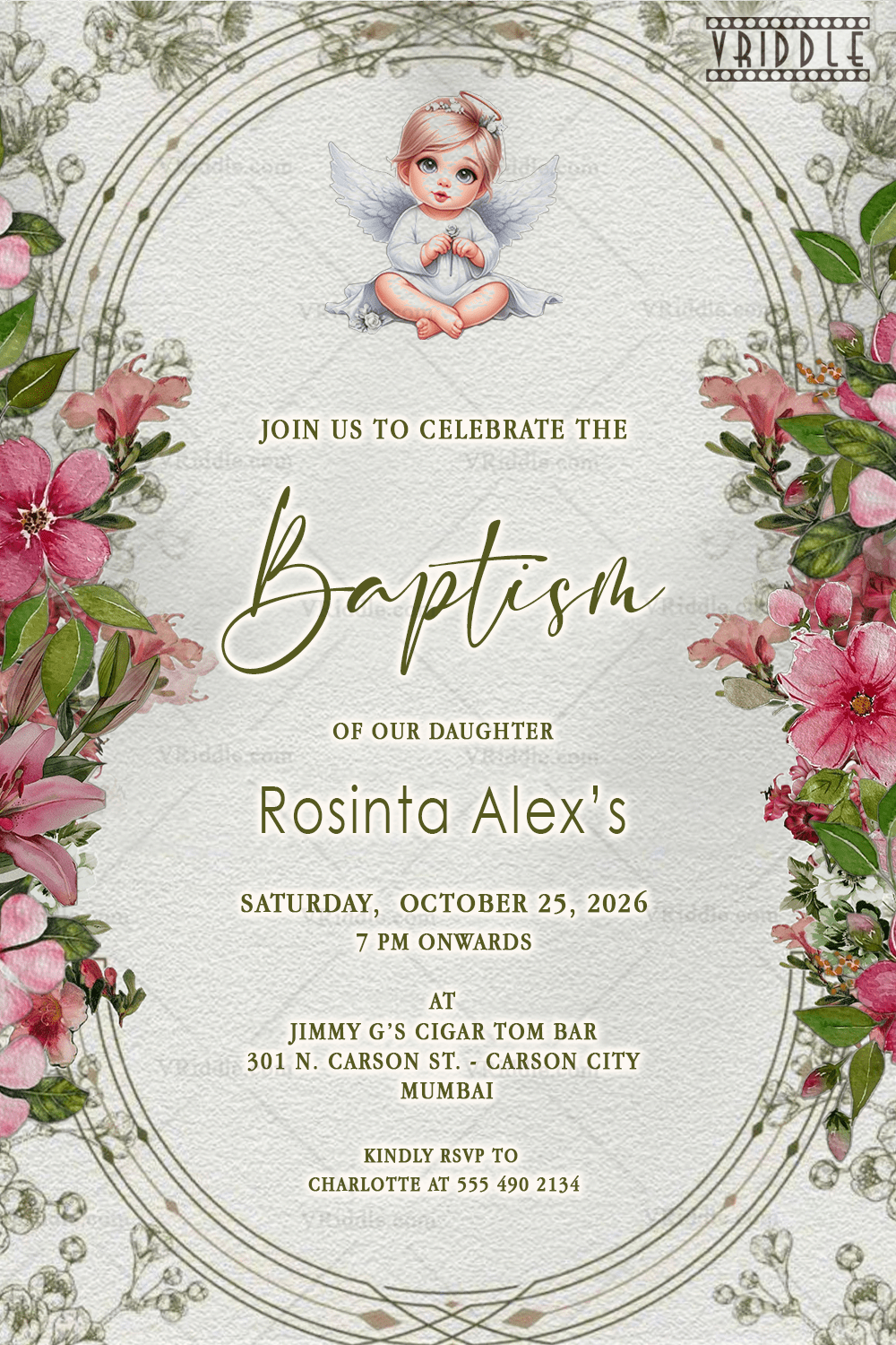 Heavenly Angel Baptism Invitation with Delicate Pink Floral Border Graceful Frame