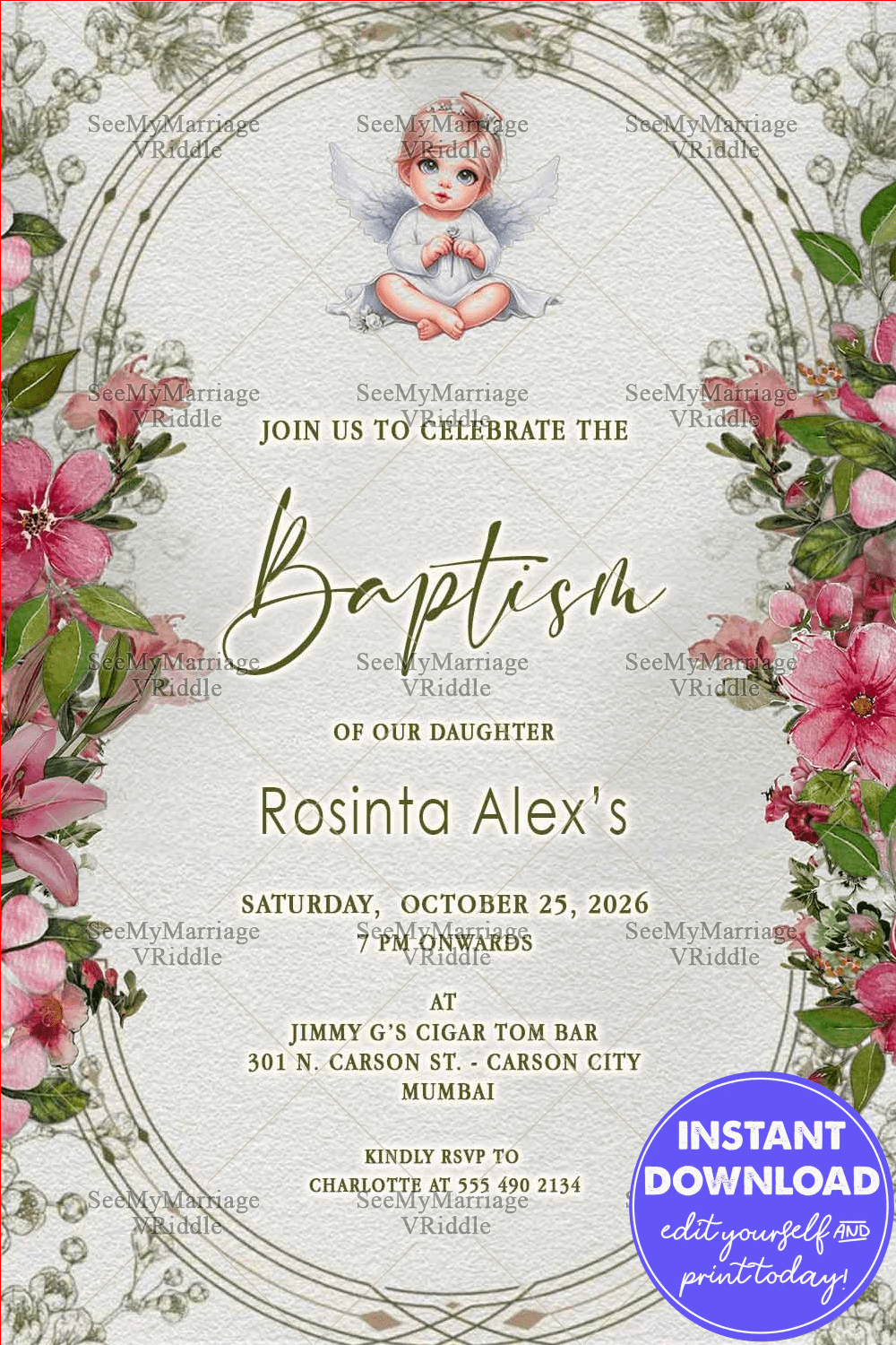 Heavenly Angel Baptism Invitation with Delicate Pink Floral Border Graceful Frames