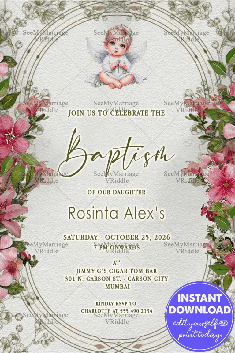 Heavenly Angel Baptism Invitation with Delicate Pink Floral Border Graceful Frames