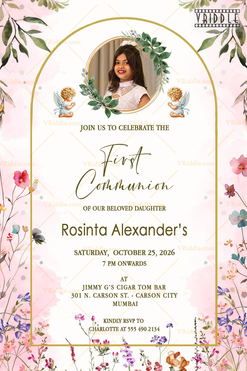 Heavenly Angel First Communion Invitation with Add Photo Option, Watercolor Florals and Golden Arch Frame