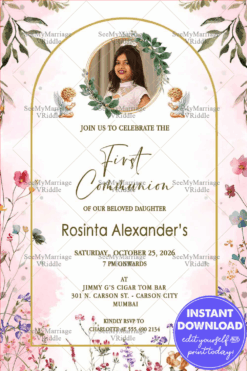 Heavenly Angel First Communion Invitation with Add Photo Option, Watercolor Florals and Golden Arch Frame
