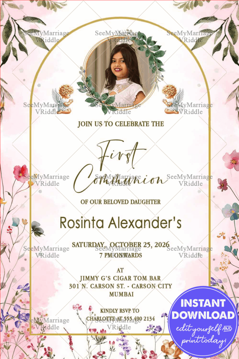 Heavenly Angel First Communion Invitation with Add Photo Option, Watercolor Florals and Golden Arch Frame