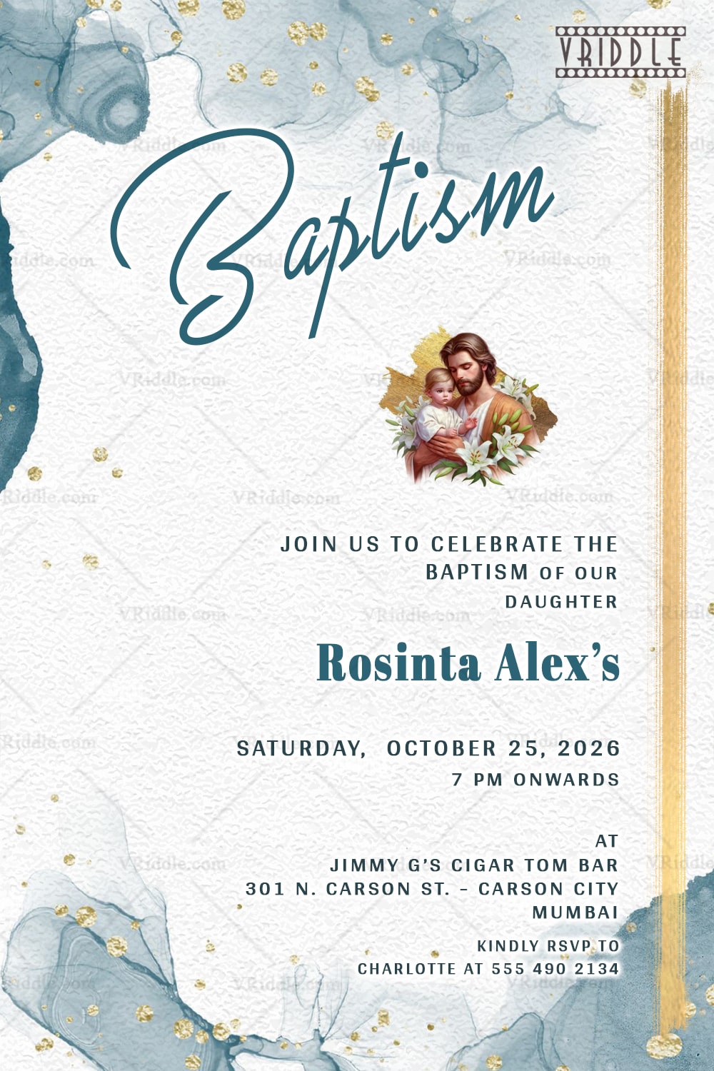 Heavenly Grace Baptism Invitation with Elegant Blue Gold Foil Splatters Watercolor Theme
