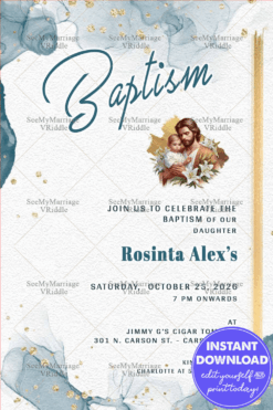 Heavenly Grace Baptism Invitation with Elegant Blue Gold Foil Splatters Watercolor Theme