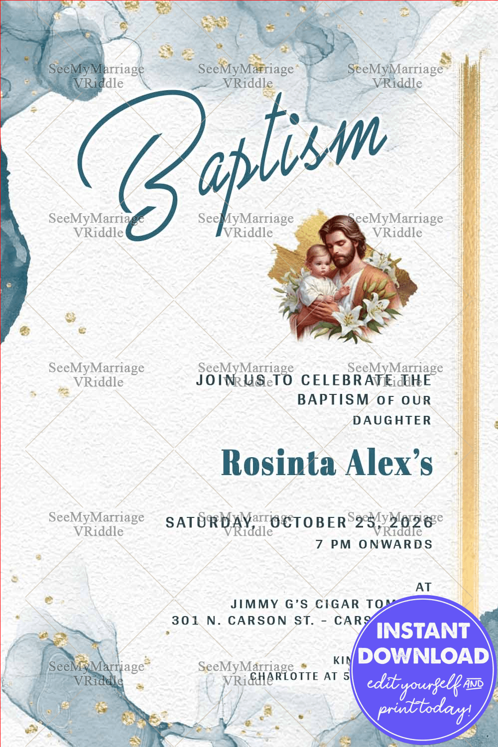 Heavenly Grace Baptism Invitation with Elegant Blue Gold Foil Splatters Watercolor Theme