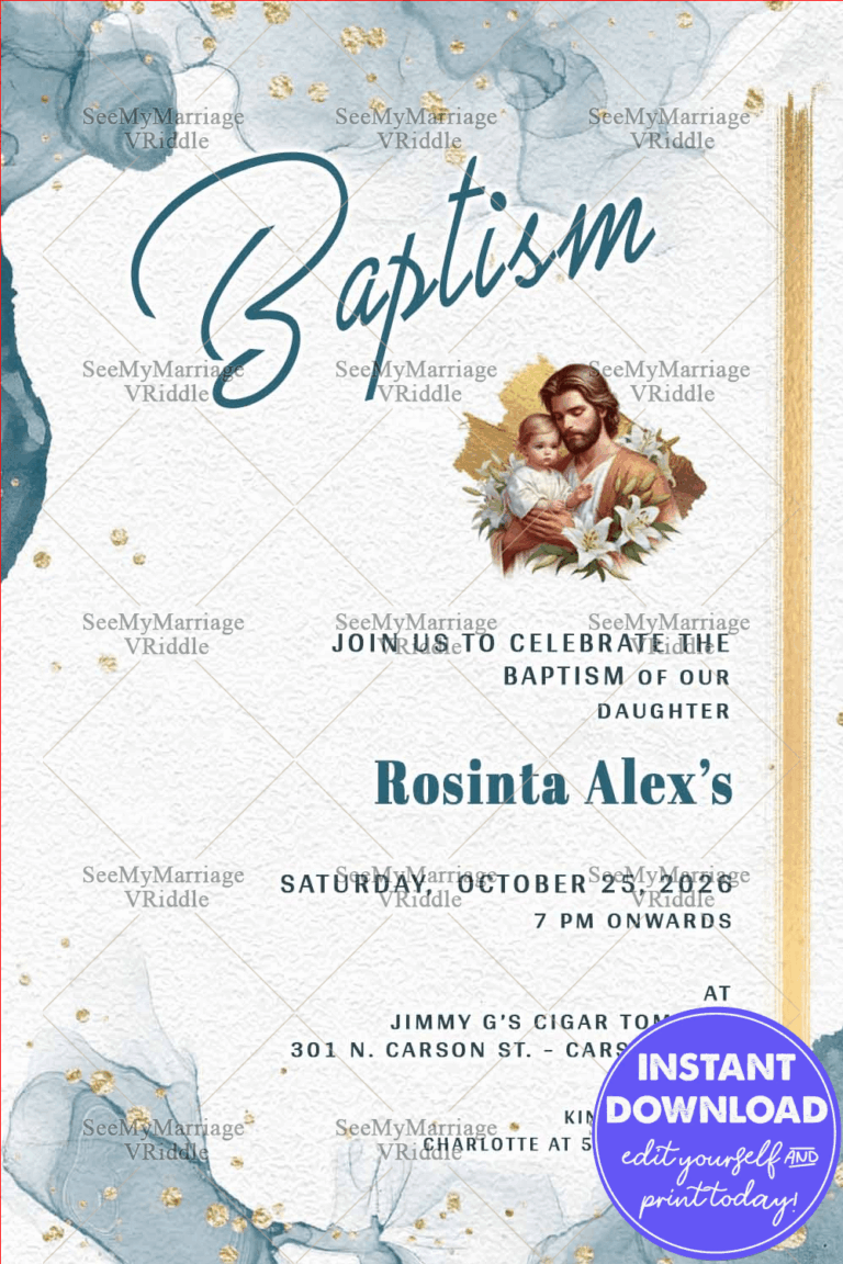 Heavenly Grace Baptism Invitation with Elegant Blue Gold Foil Splatters Watercolor Theme