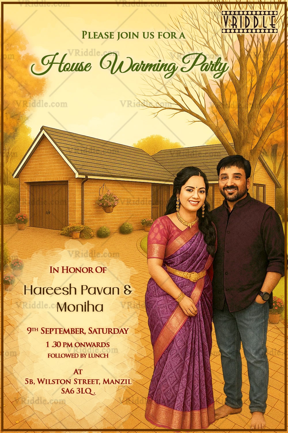 Housewarming Party Invitation Card with Couple Portrait and Charming Brick House In Autumn Fall Backdrop