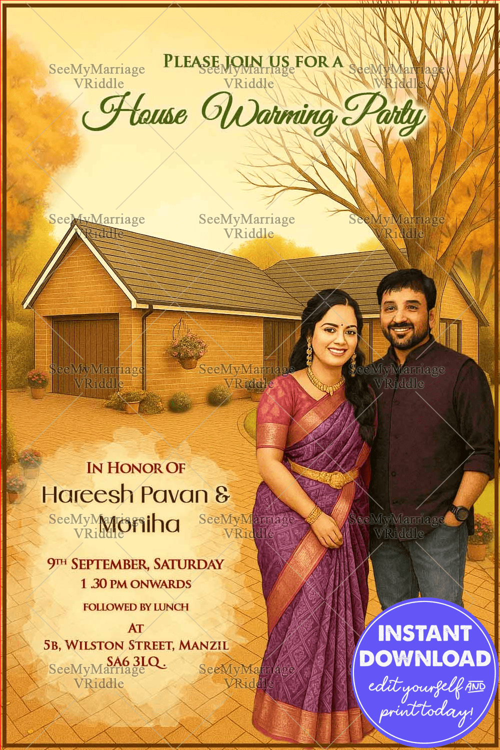 Housewarming Party Invitation Card with Couple Portrait and Charming Brick House In Autumn Fall Backdrop