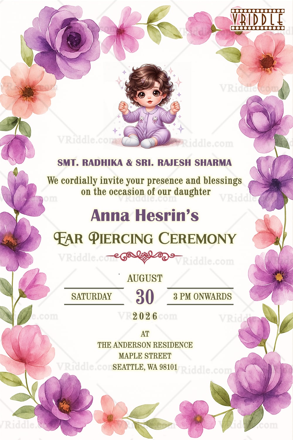 Lavender Blossom Ear Piercing Ceremony Invitation with Cute Baby Illustration & Watercolor Floral Borders