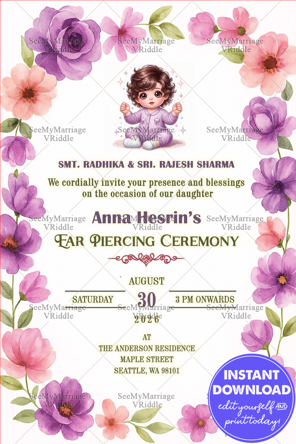 Lavender Blossom Ear Piercing Ceremony Invitation with Cute Baby Illustration & Watercolor Floral Borders
