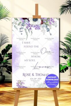 Lavender Welcome Sign Board for a Romantic Wedding Celebration In Watercolor Background