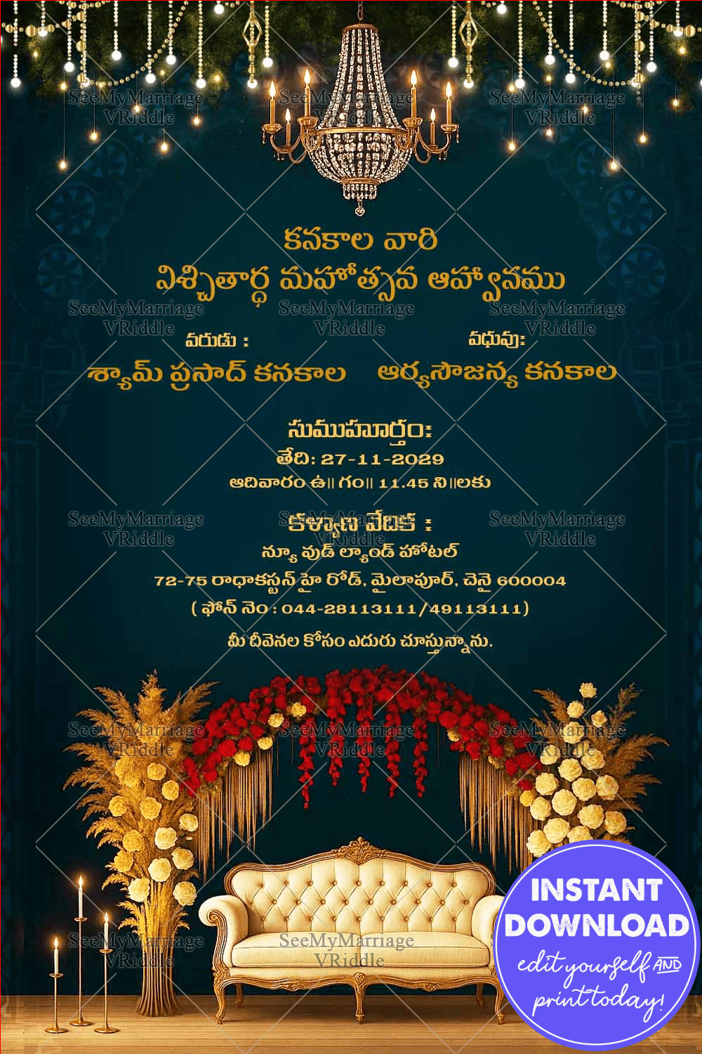 Luxurious Telugu Engagement Invitation Card with Floral Decoration and Crystal Chandelier In Peacock Blue BG Color