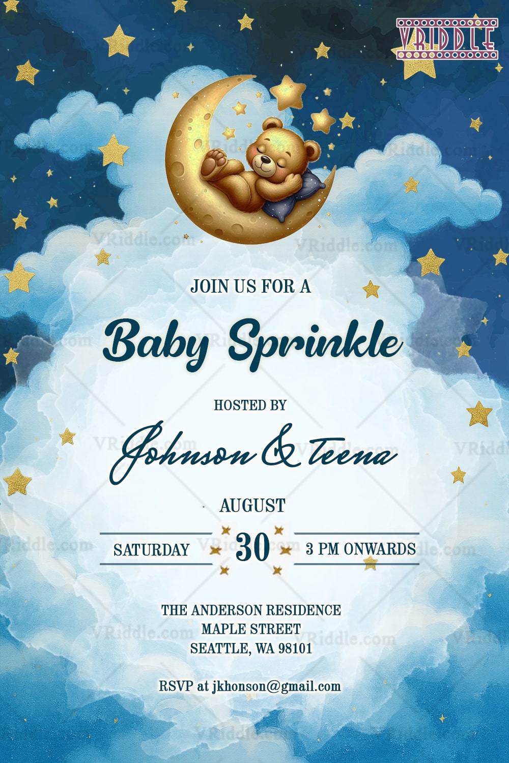 Magical Night Baby Sprinkle Card with Teddy Resting on Crescent Moon under Twinkling Stars in a Cloudy Sky Theme