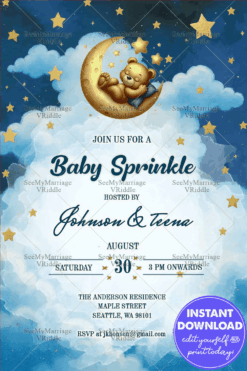Magical Night Baby Sprinkle Card with Teddy Resting on Crescent Moon under Twinkling Stars in a Cloudy Sky Theme